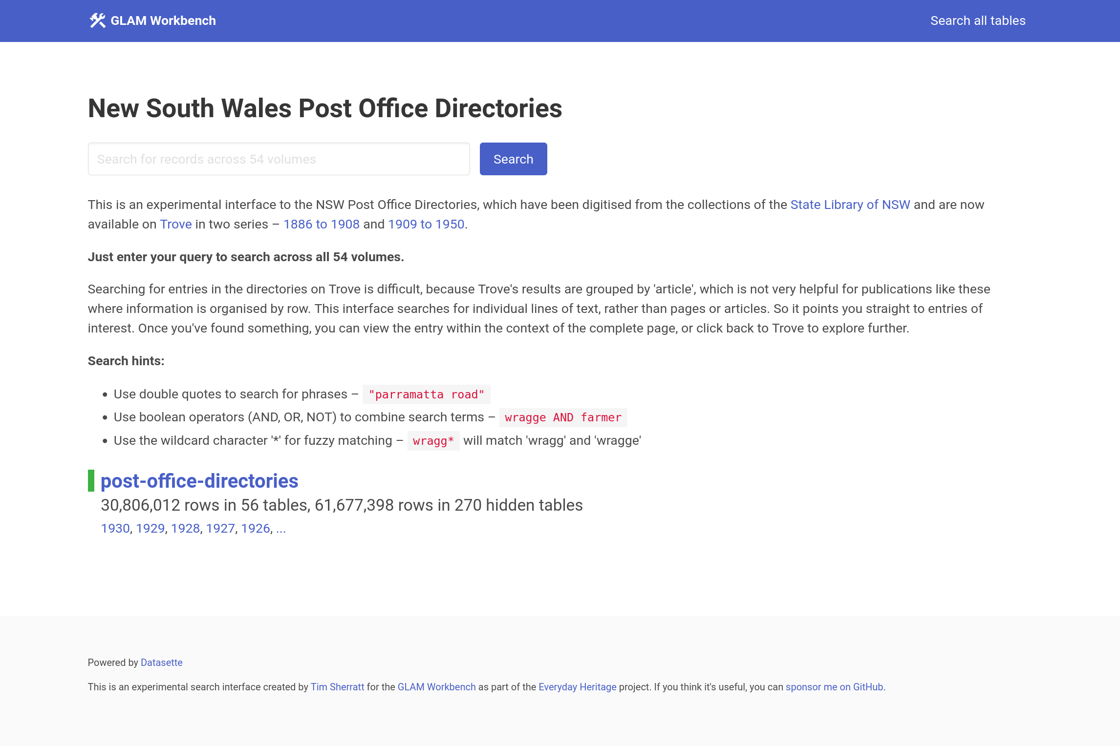 Screenshot of home page for the NSW Post Office Directories. There’s a search box to search across all 54 volumes, some search tips, and a summary of the data that notes there are more than 30 million rows.