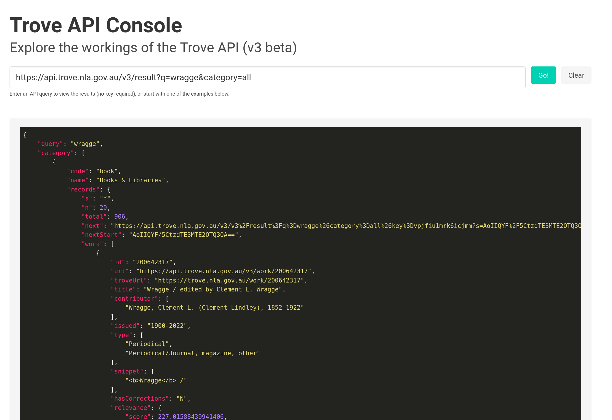 Screenshot of the new v3 beta section of the Trove API Console