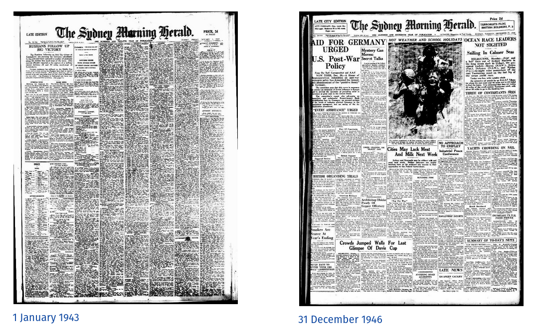 Images of the SMH’s front page on 1 January 1943 and 31 December 1946