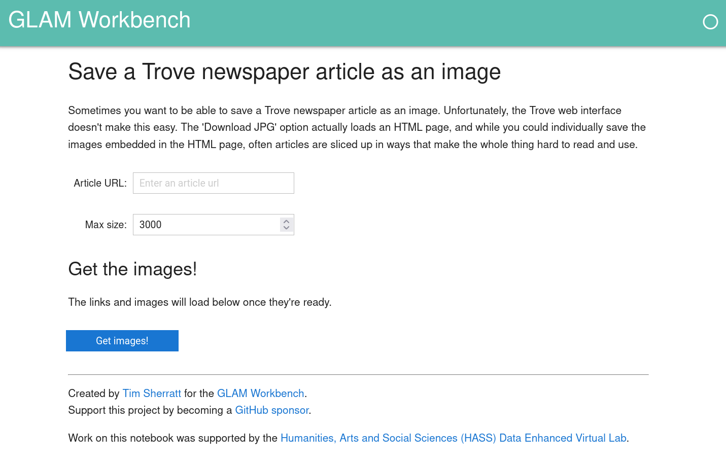Screenshot of the web app to save Trove newspaper articles as images