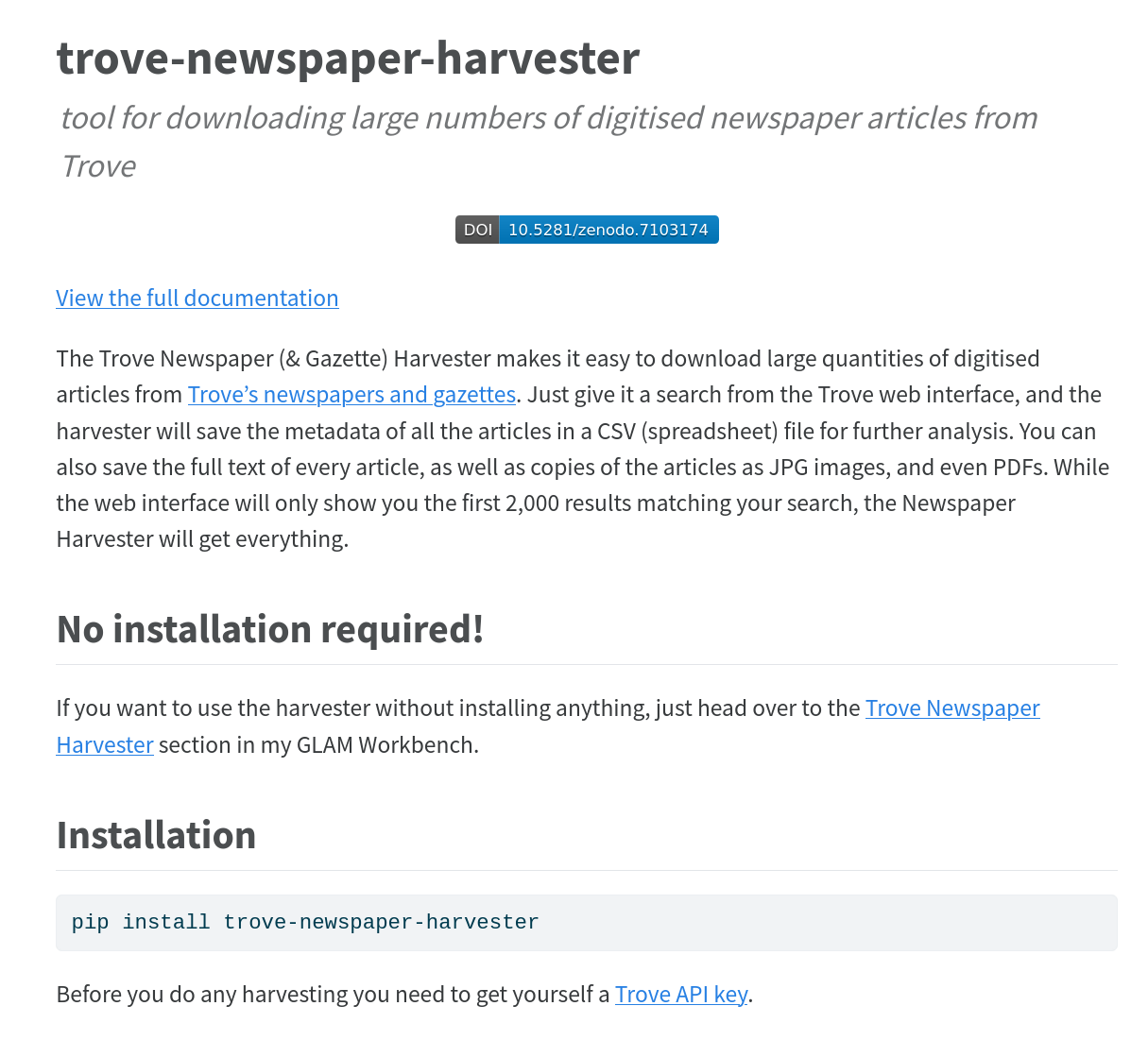 Screenshot of the Trove Newspaper and Gazette Harvester documentation page.