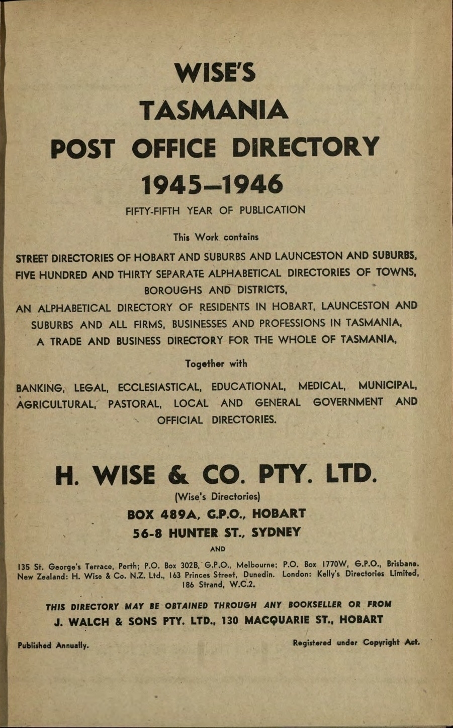 Page from Wise's Tasmania Post Office Directory 1945-46