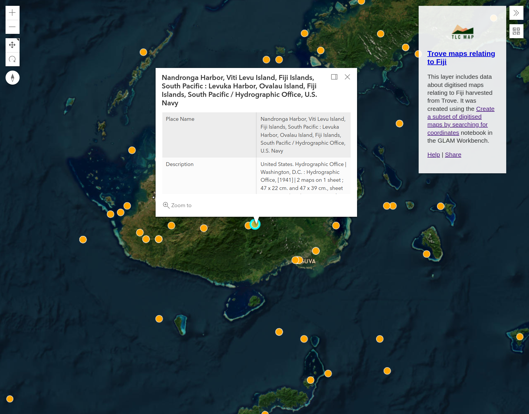 Screenshot of GHAP layer displaying a layer containing information about digitised relating to Fiji.