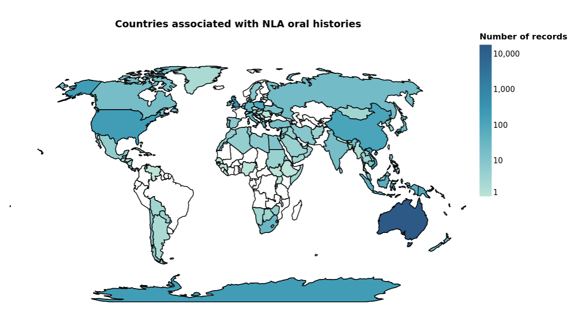 Choropleth map showing the countries associated with oral history records