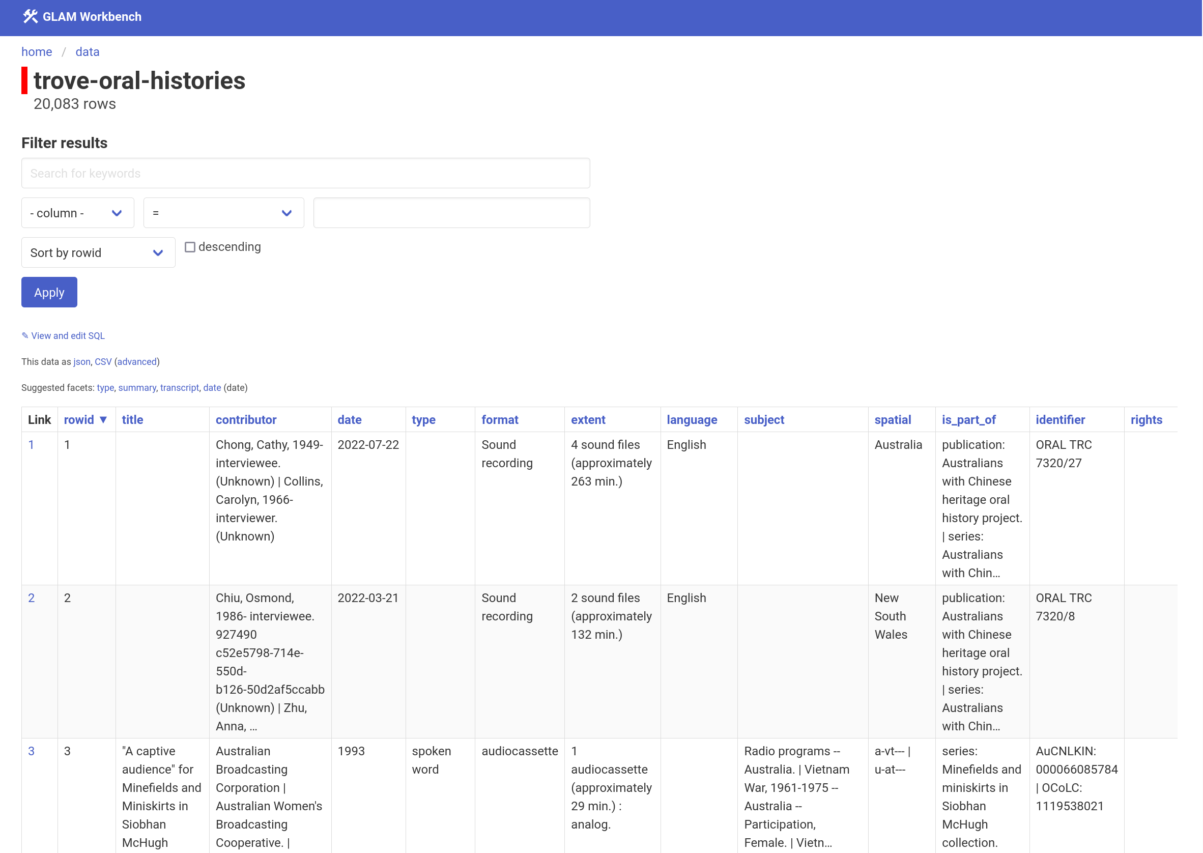 Screenshot of oral histories metadata in Datasette
