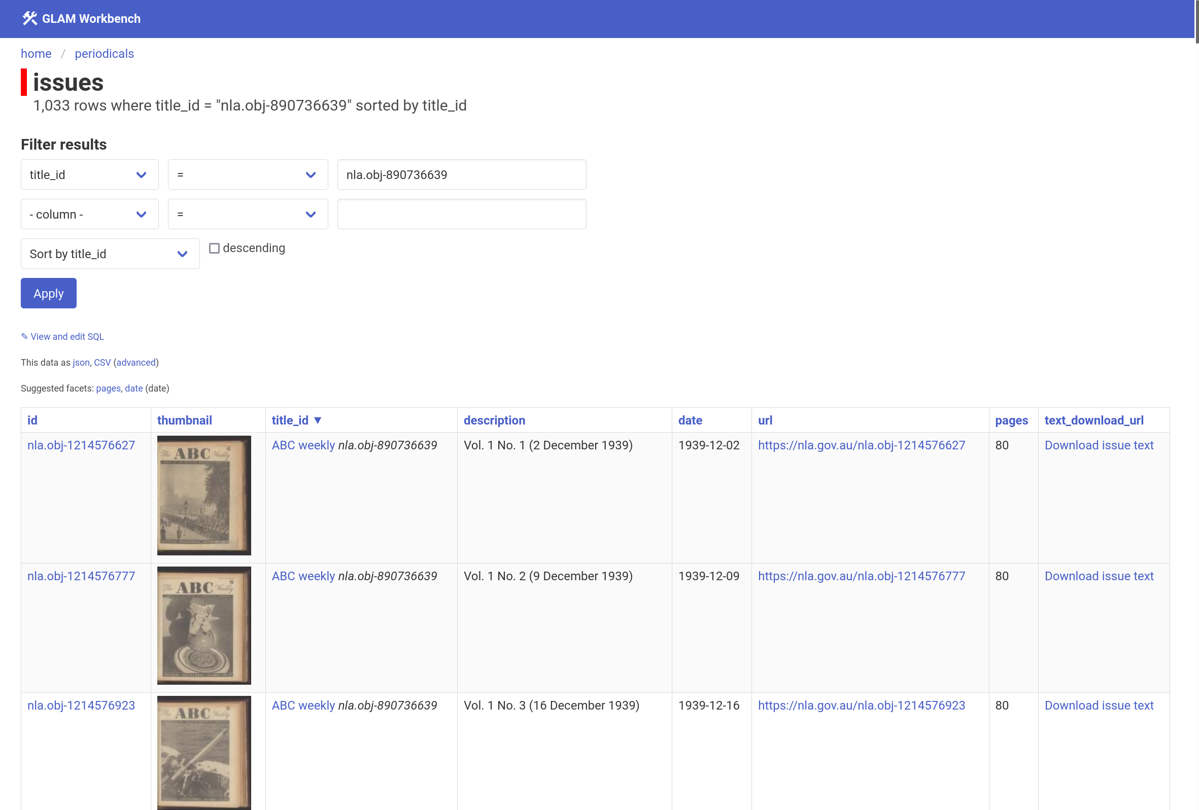 Screenshot showing a list of periodical issues