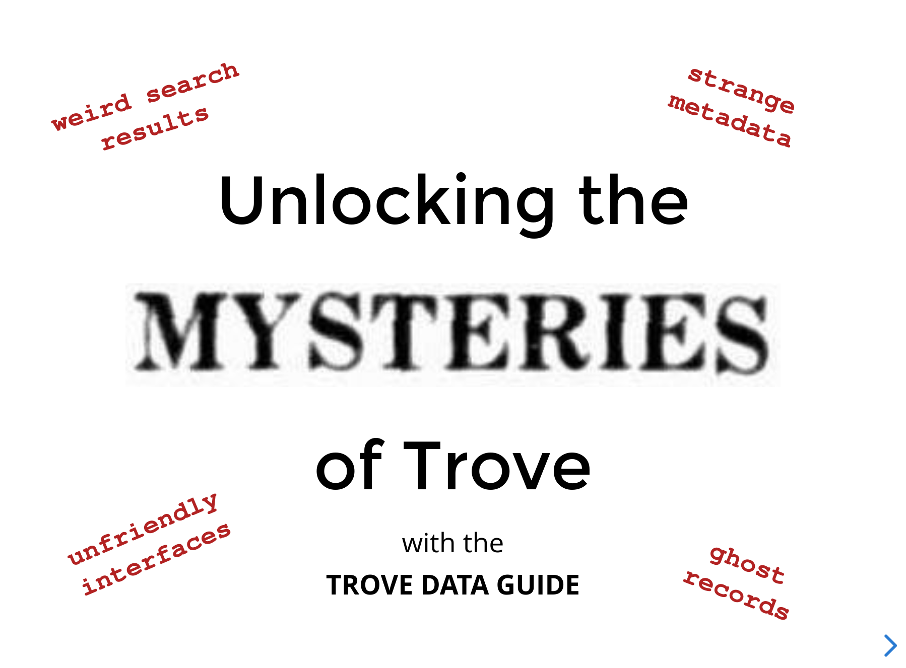Cover slide of my presentation on the mysteries of Trove