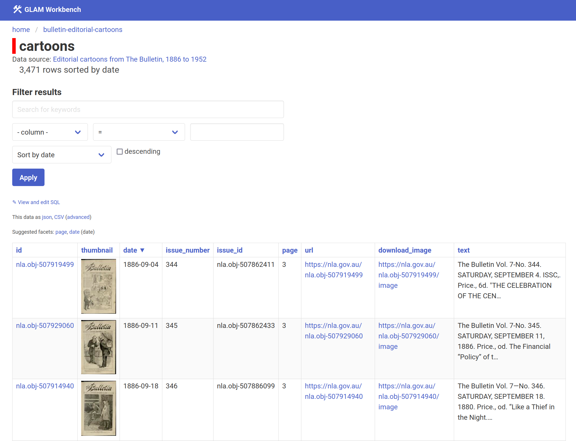 Screen capture of Datasette-Lite interface showing some of the Bulletin cartoons.