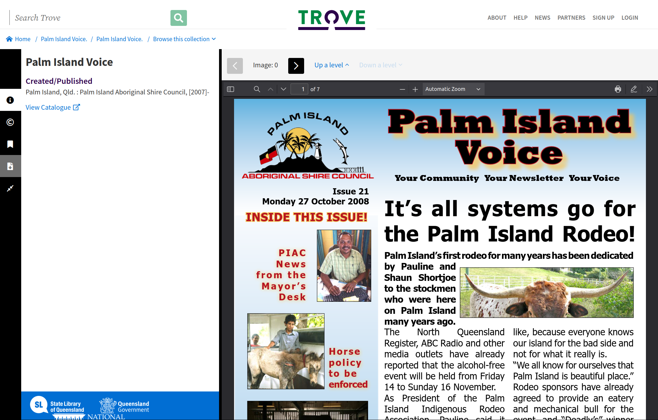 Screenshot of Trove displaying the Palm Island Voice, one of the NED periodicals