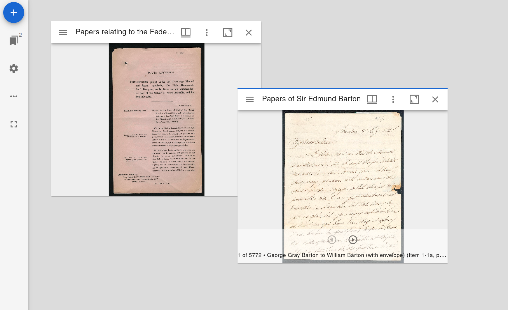 Screenshot of Mirador workspace showing two windows displaying manuscript images.