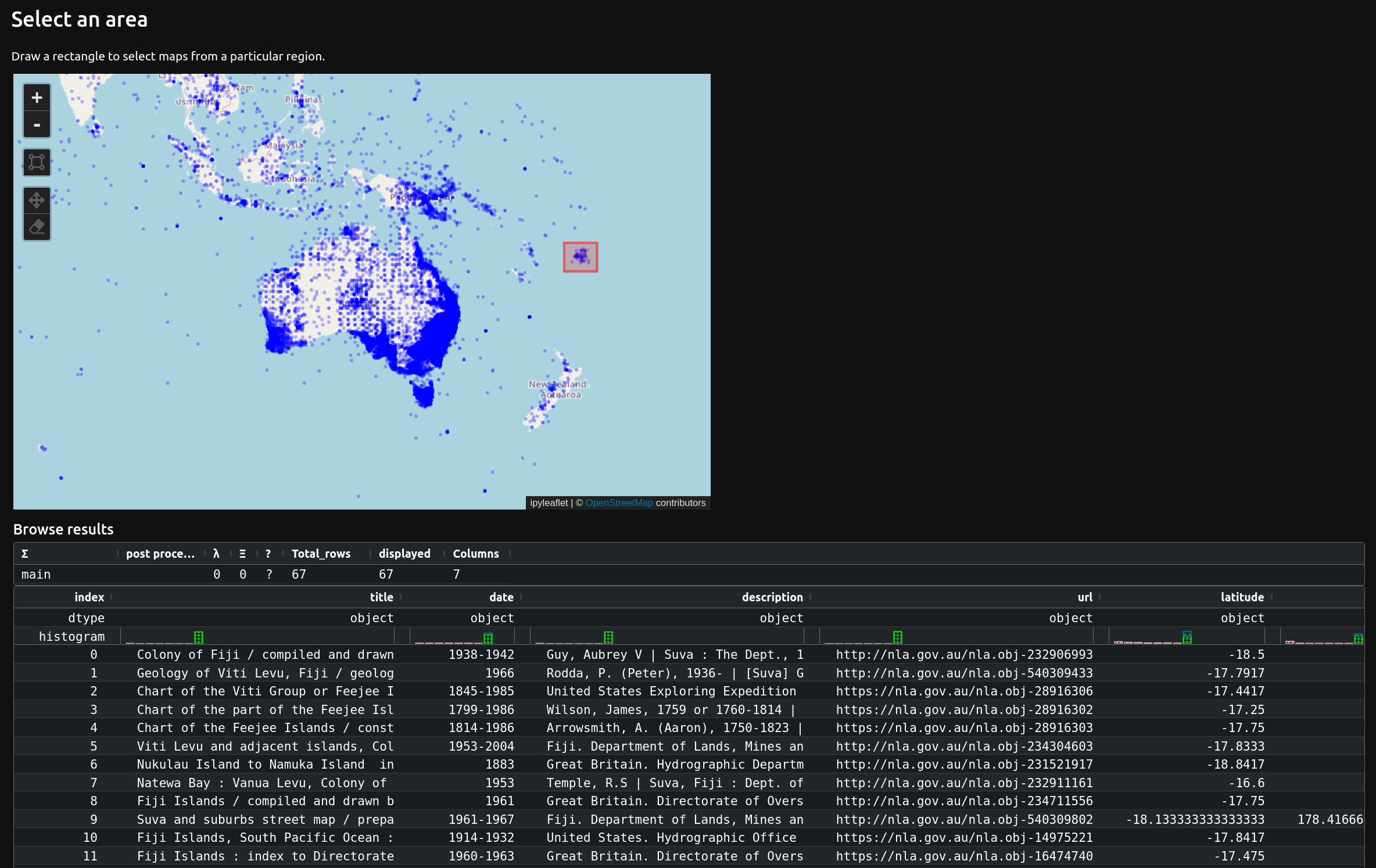 Screenshot of the notebook in action showing how you can select a region to create a subset of digitised maps.