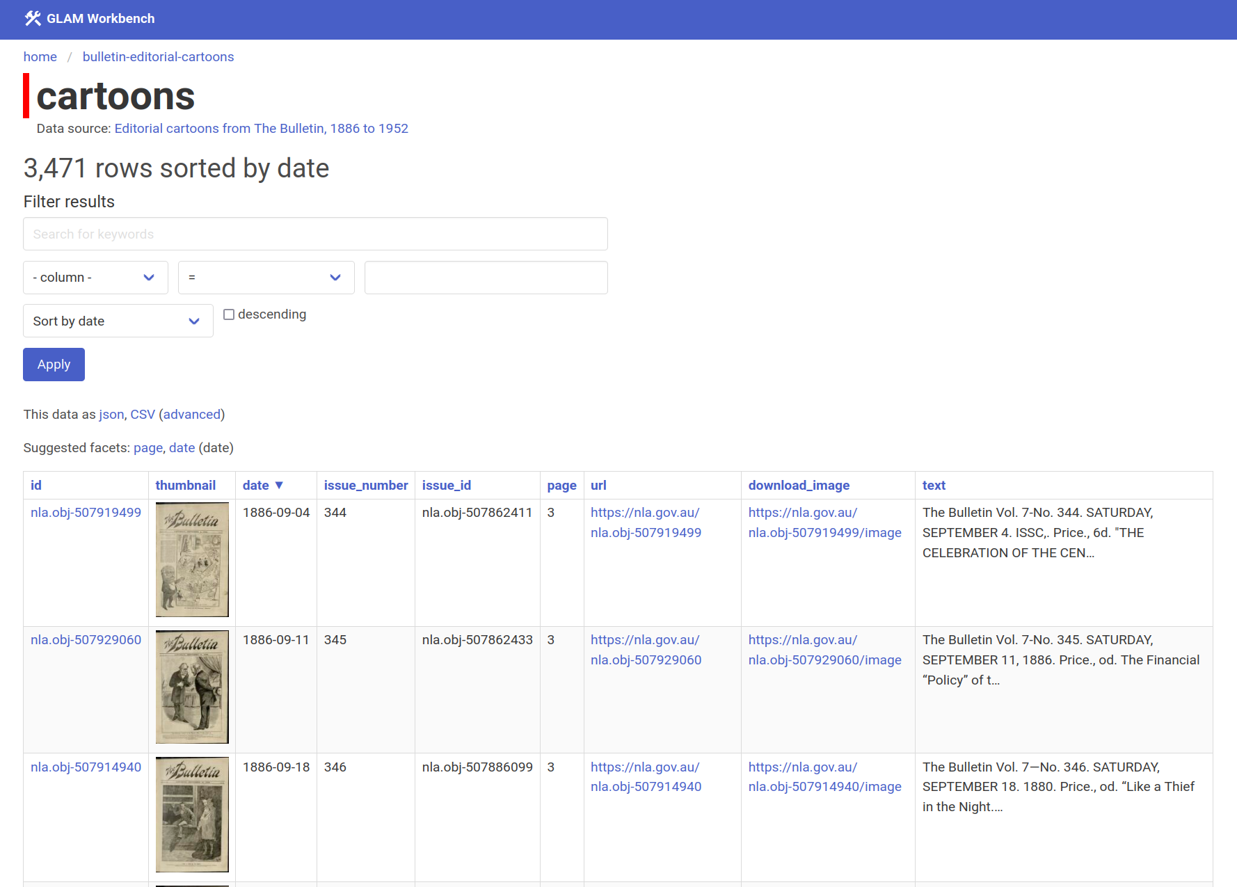 Screenshot of Datasette-Lite displaying a collection of editorial cartoons from the Bulletin