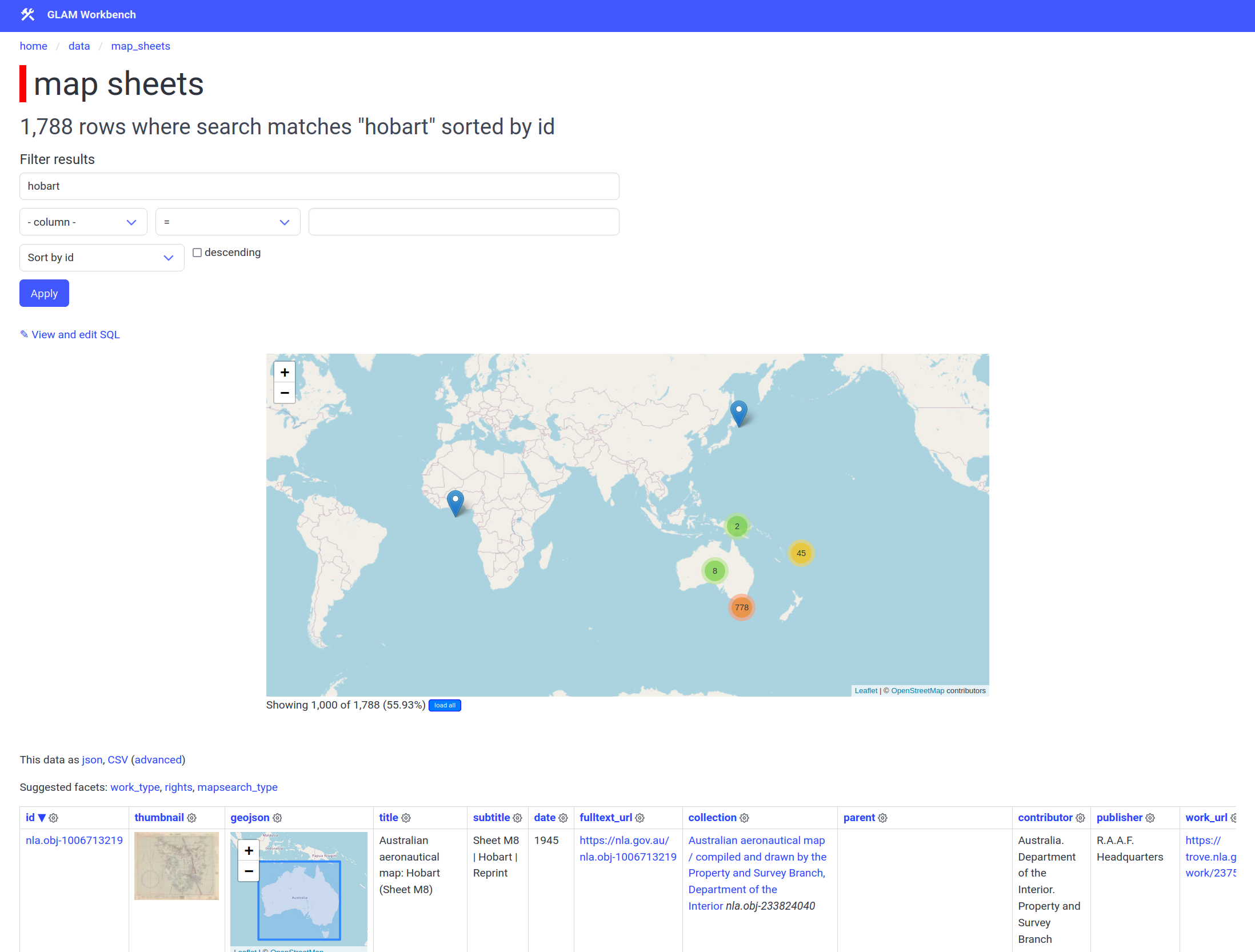 Screenshot of a search for 'Hobart' in the maps table, showing the results displayed both as a cluster map using Leaflet, and in a table.