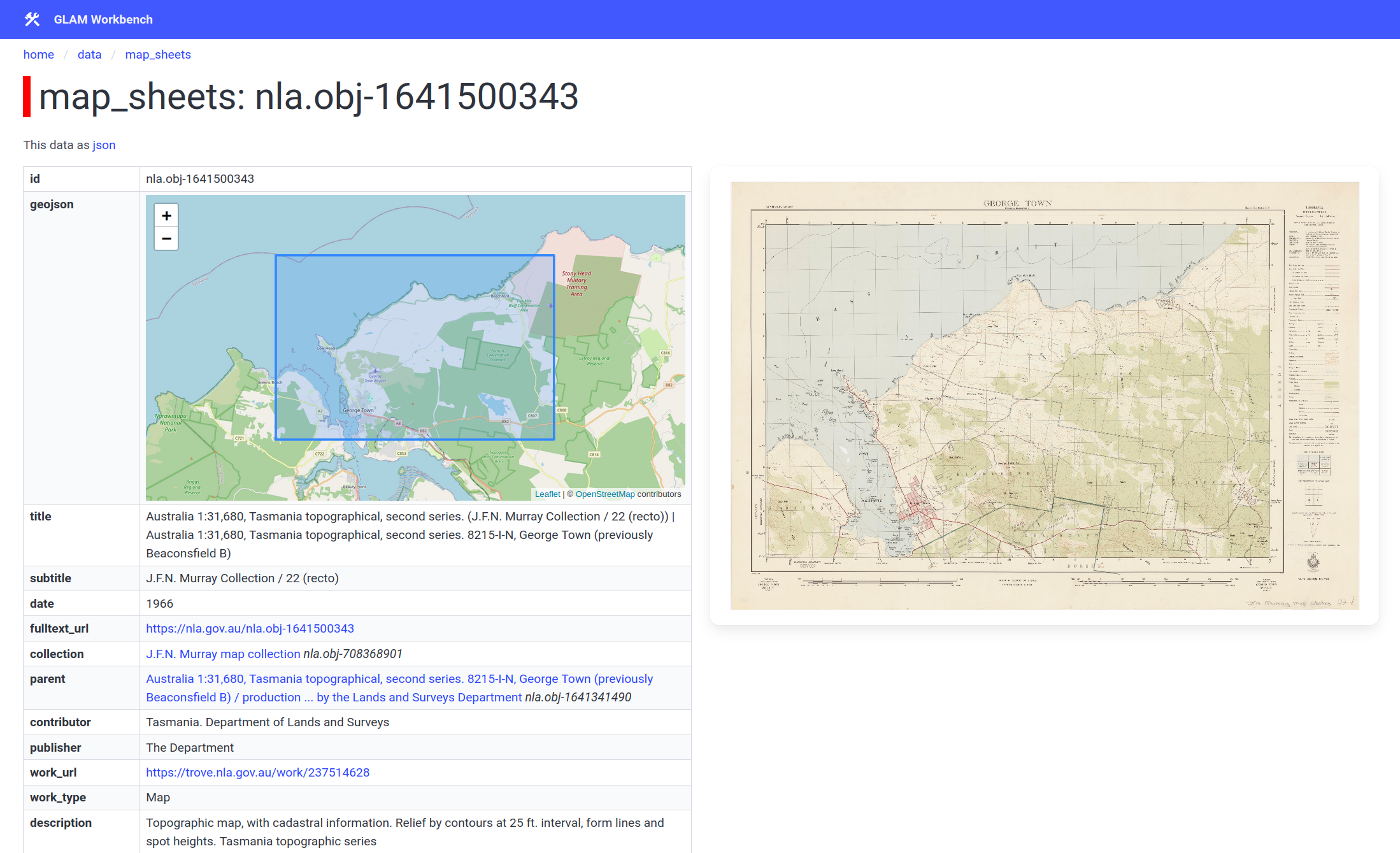 Screenshot of a page describing an individual map sheet.