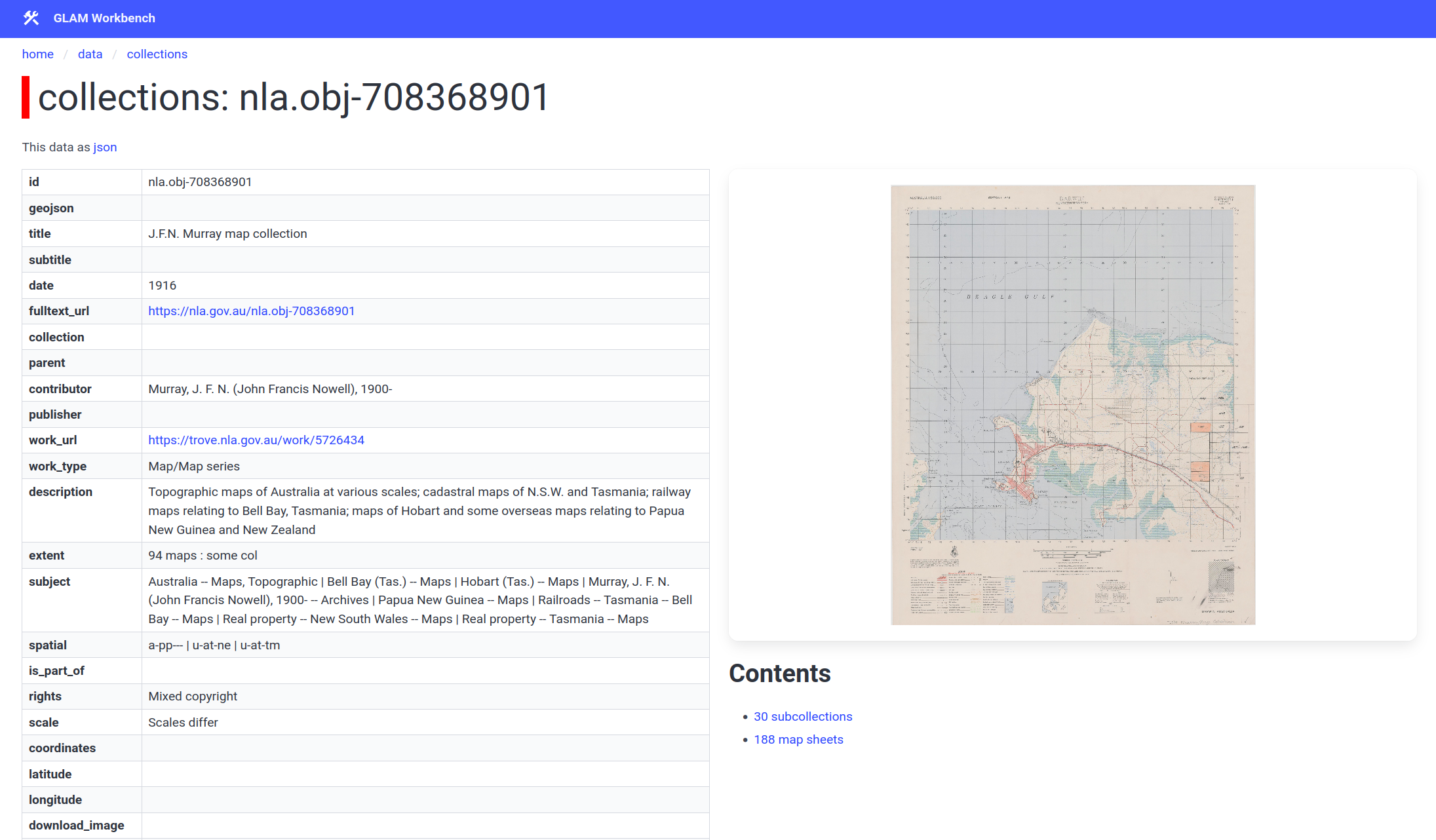 Screenshot of a collection record showing links to subcollections and map sheets.