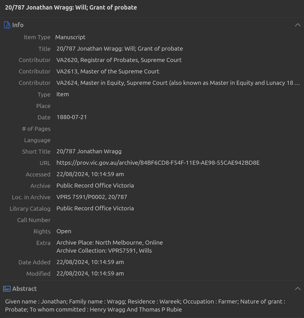 Screenshot of Zotero details pane showing captured metadata