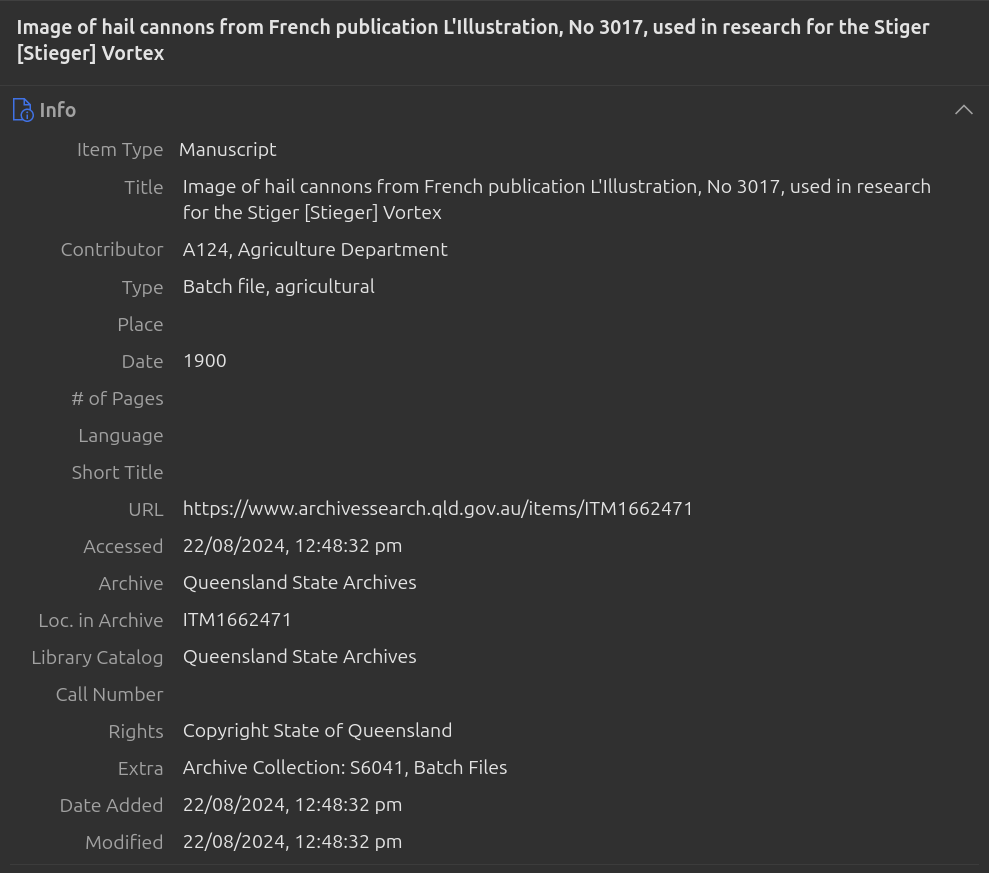 Screenshot of Zotero details pane showing item metadata