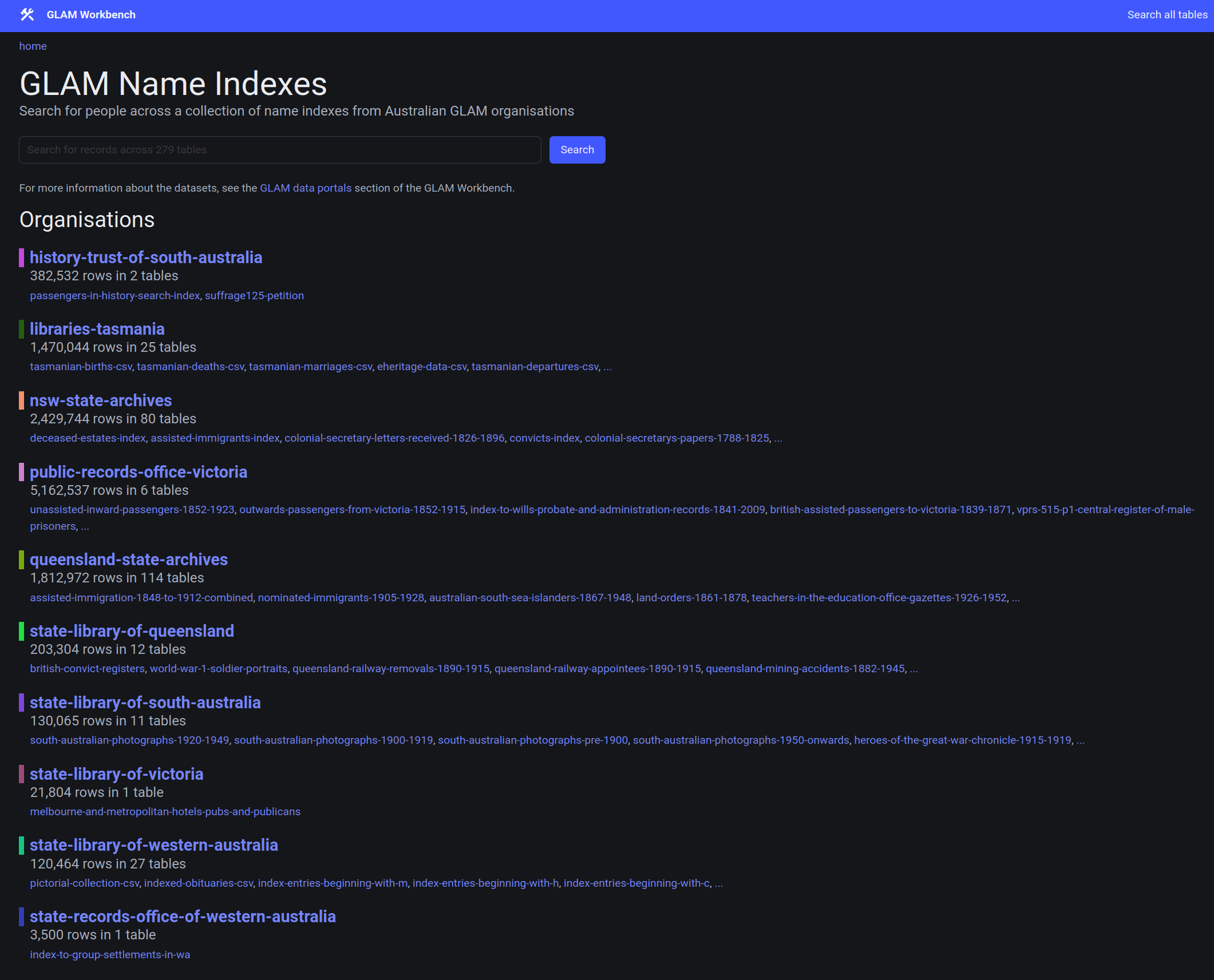 Screenshot of the home page of the GLAM Name Index Search in dark mode