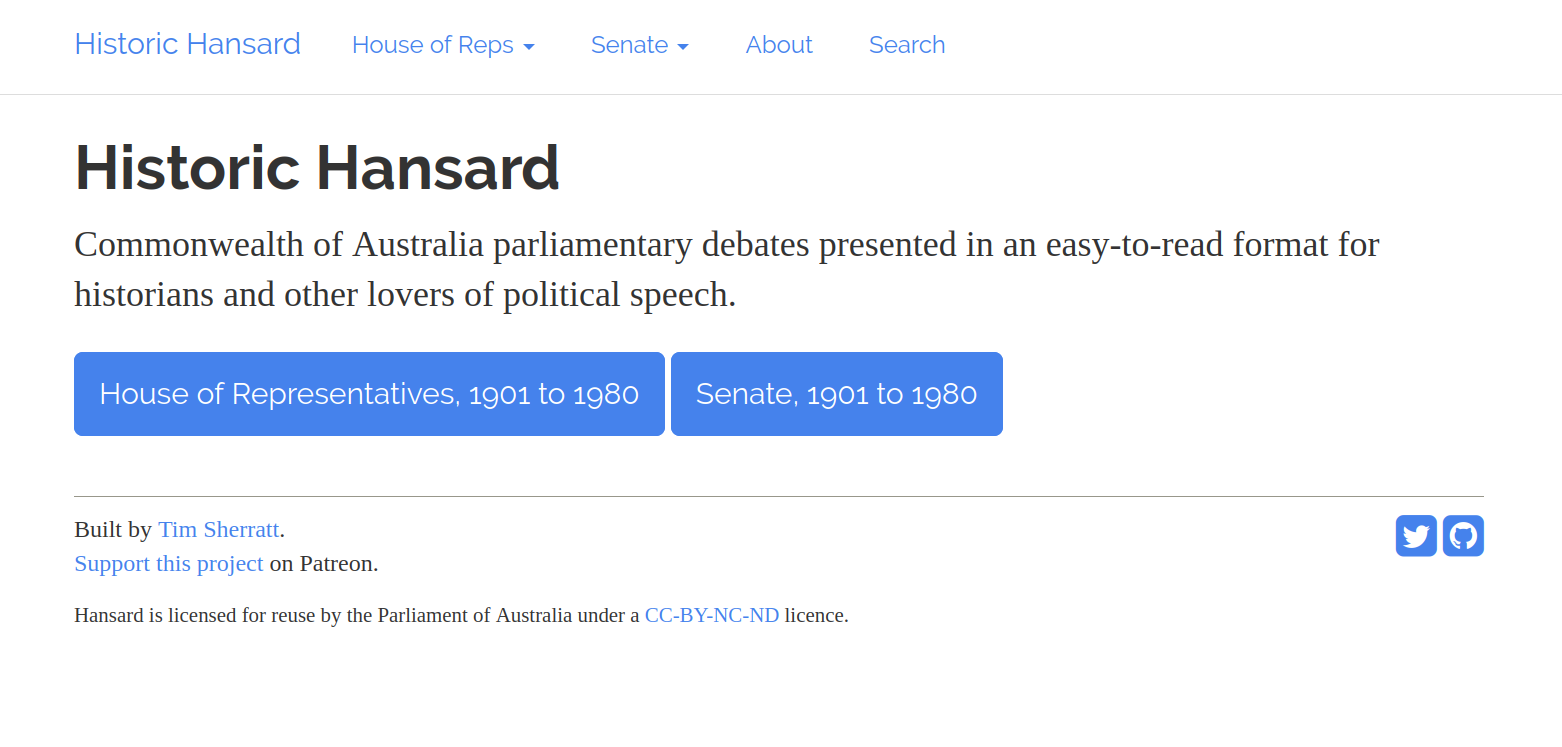 Screenshot of the home page of Historic Hansard