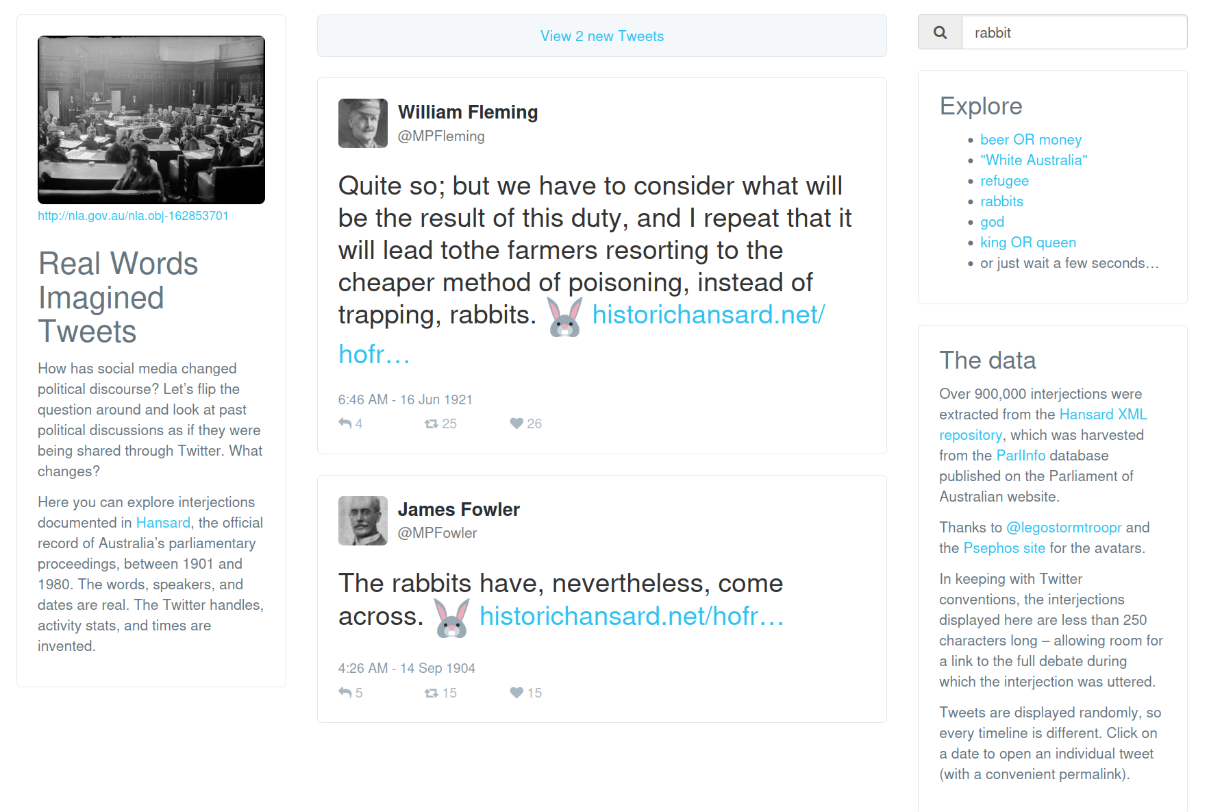 Screenshot of Real Words :: Imagined Tweets showing Hansard interjections reimagine as tweets