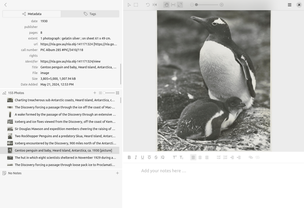 The Tropy interface showing photographs imported from the B.A.N.Z. Antarctic Research Expedition photographs (https://nla.gov.au/nla.obj-141170265).