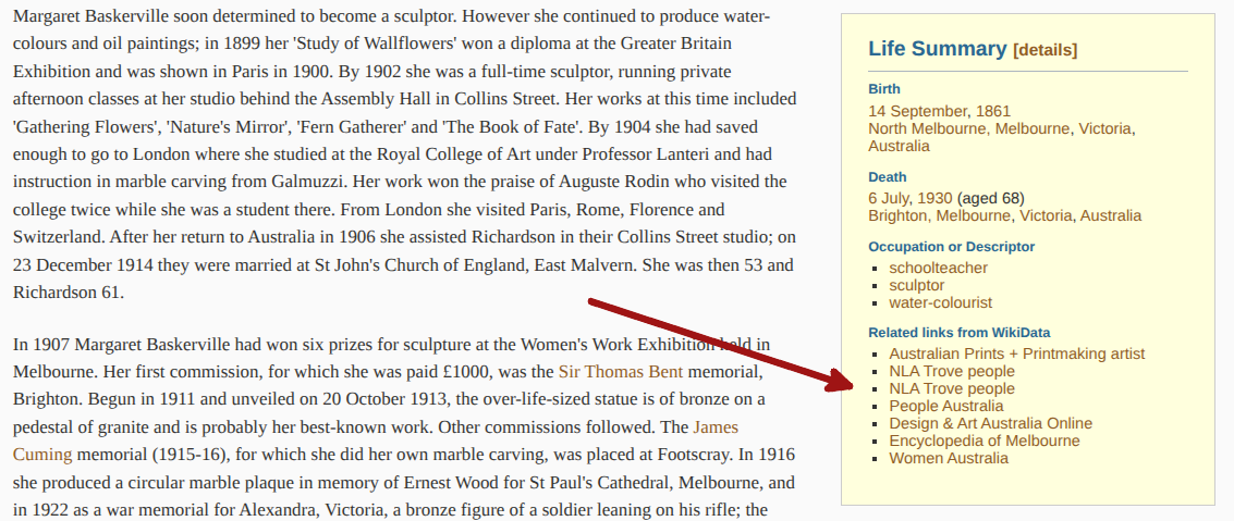 Screenshot from the ADB showing the related links from Wikidata added to the Life Summary of Margaret Baskerville
