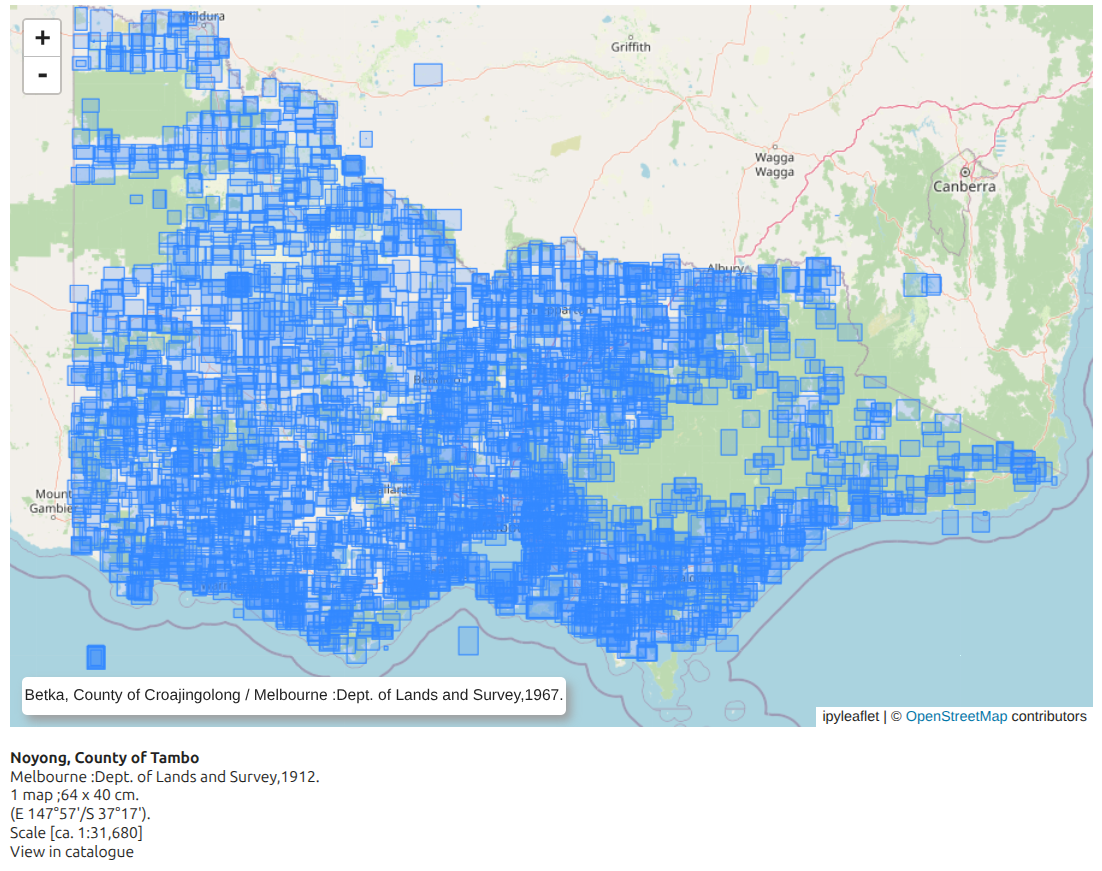 Screenshot of a modern digital map of Victoria overlaid with 3,000+ transparent blue rectangles, showing the bounds of parish maps. A couple of the maps seem to be in Bass Strait.