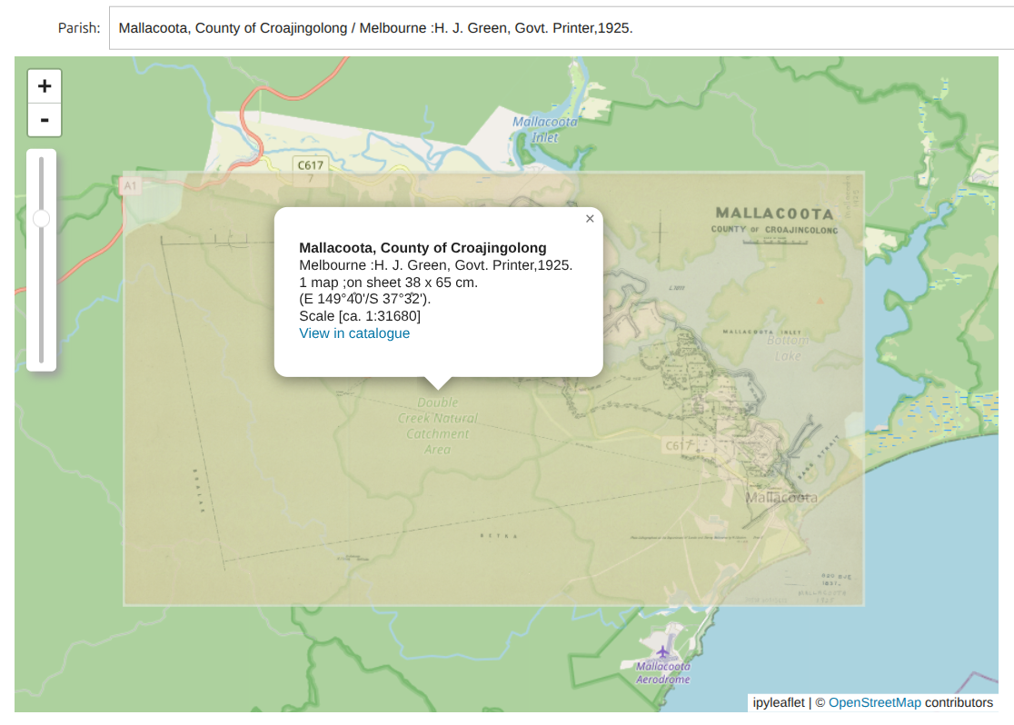 Screenshot of a parish map of Mallacoota overlaid on a modern basemap. The opacity of the digitised map has been reduced making it easier to see how the two maps align. A popup is visible on the map, listing the basic metadata and including a link to the SLV catalogue.
