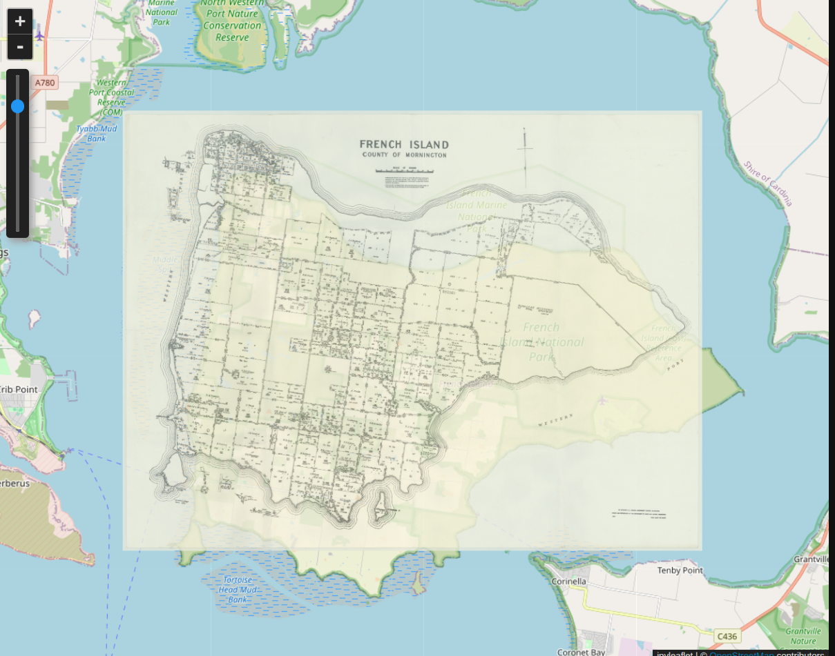 Screenshot of a parish map of French Island overlaid on a modern basemap. The parish map is slightly offset to the north, but you can see that the size matches the modern map fairly well