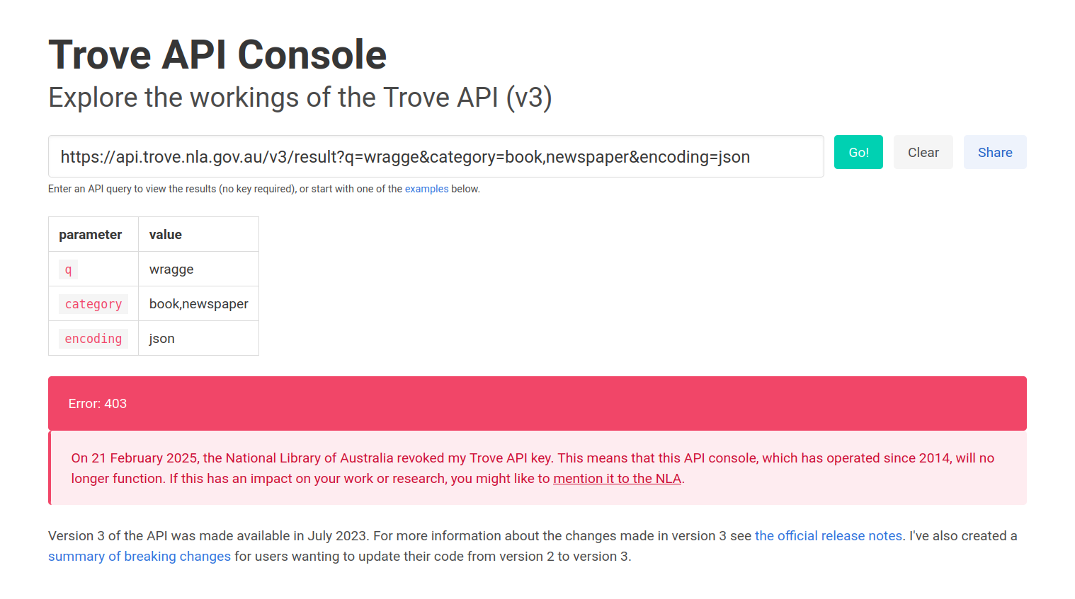 Screenshot of the Trove API console displaying an error and a notice informing users that it no longer functions sue to the NLA revoking my API key