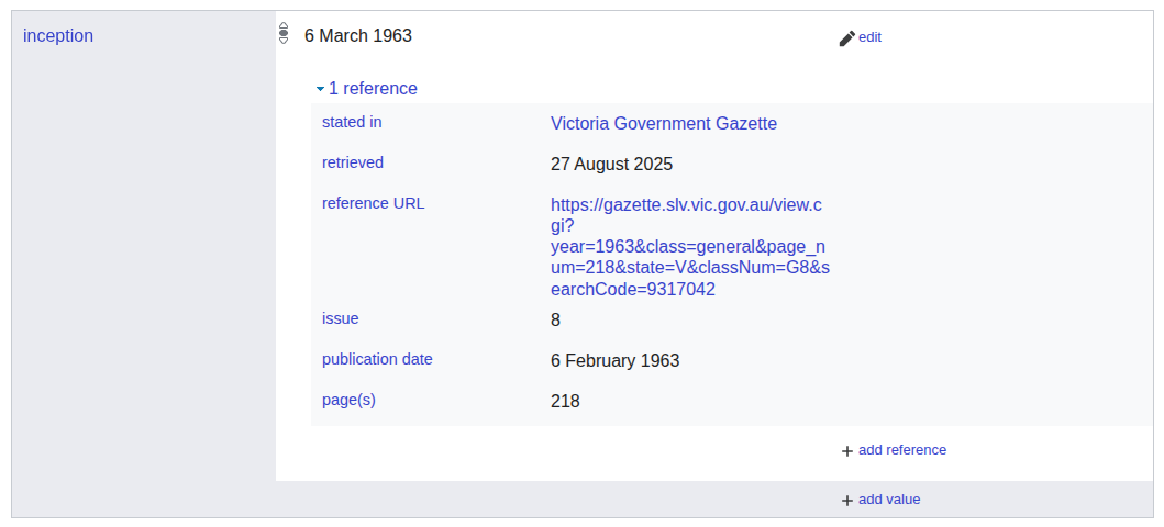 Screen capture from Wikidata showing the inception property for the City of Moe