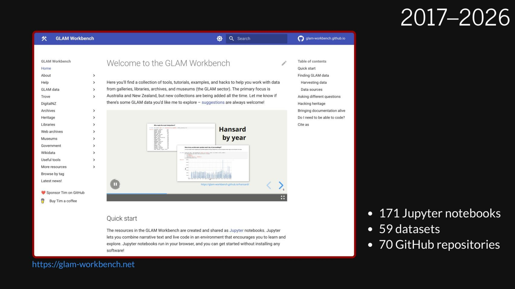 Slide showing home page of the GLAM Workbench