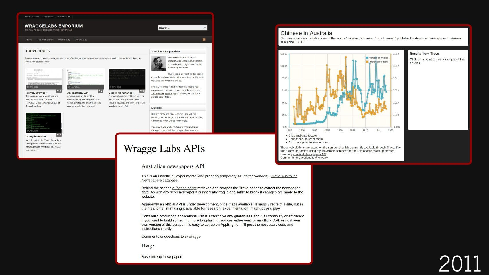 Slide showing some of my early visualisations of Trove data and the documentation for my 'unofficial' API