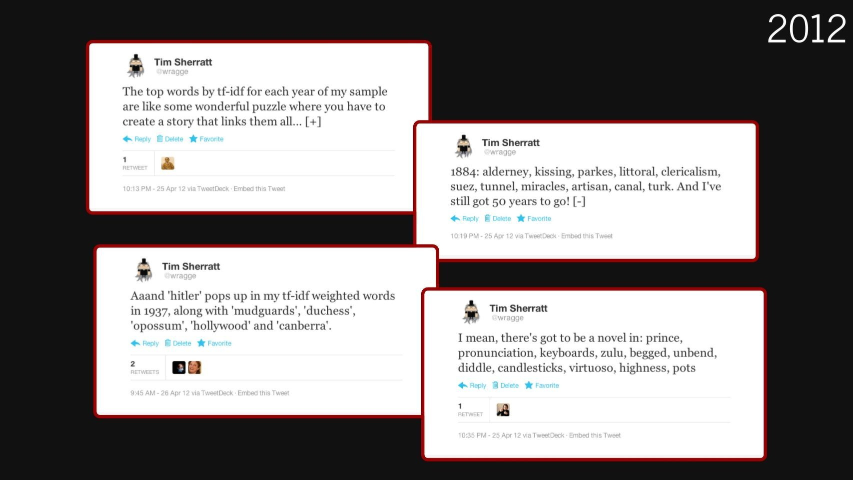 Slide showing a series of tweets in which I'm sharing the groups of TF-IDF values