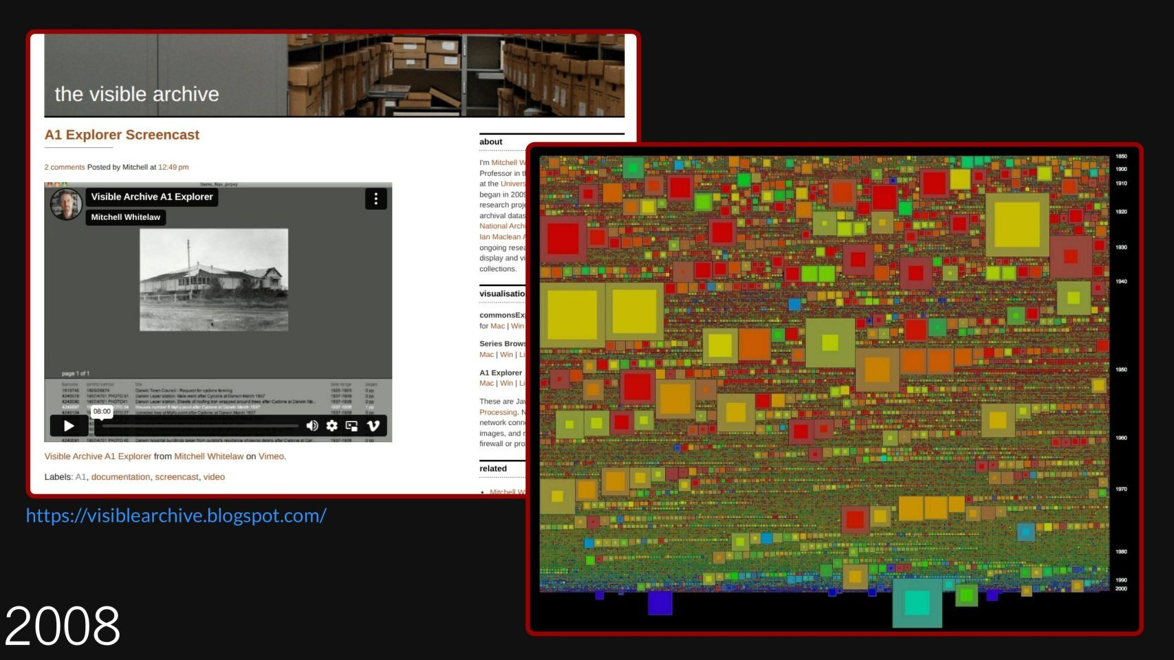 Screenshots from Mitchell Whitelaw's Visible Archive blog showing the Series Browser and A1 Explorer.'