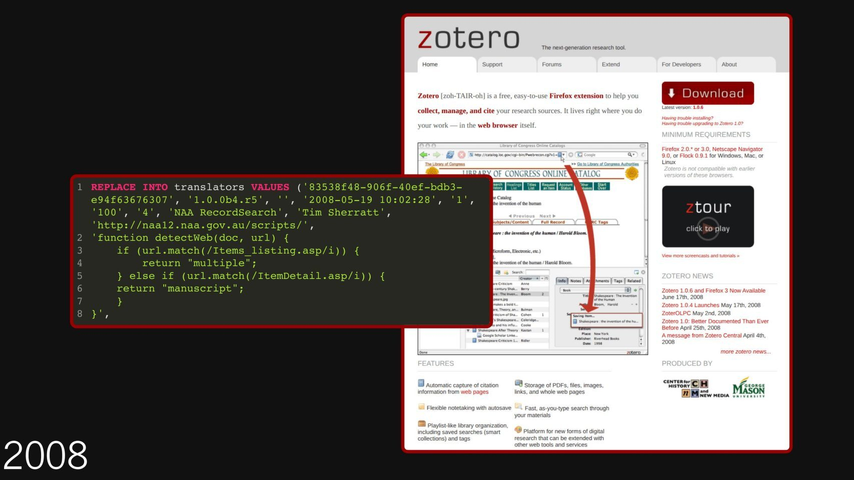 Slide showing a screenshot of the Zotero homepage from 2008 and some of the code from my translator