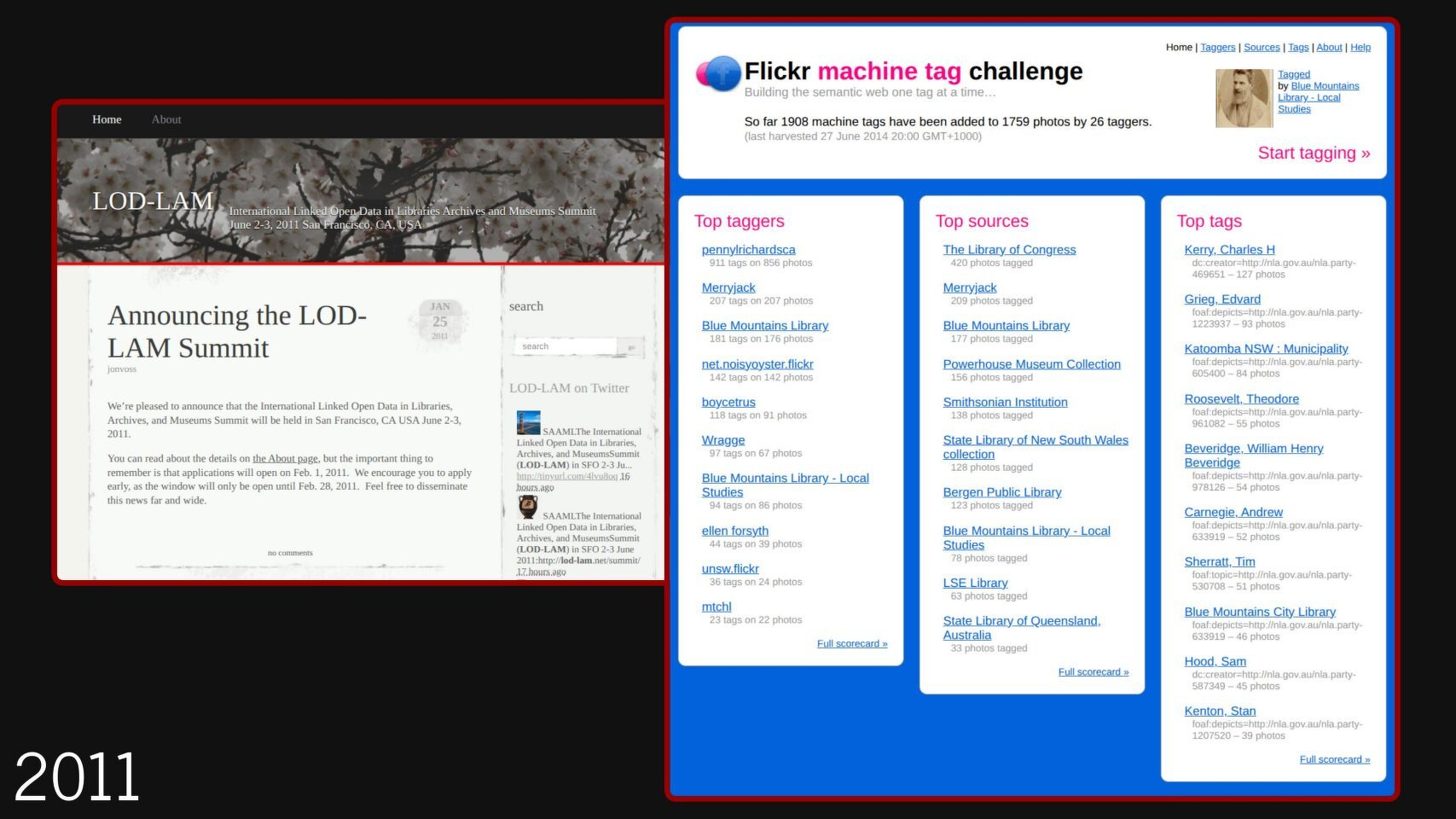 Slide showing the archived home page of the NMA Labs including a visualisation built from tiny thumbnails of collection items