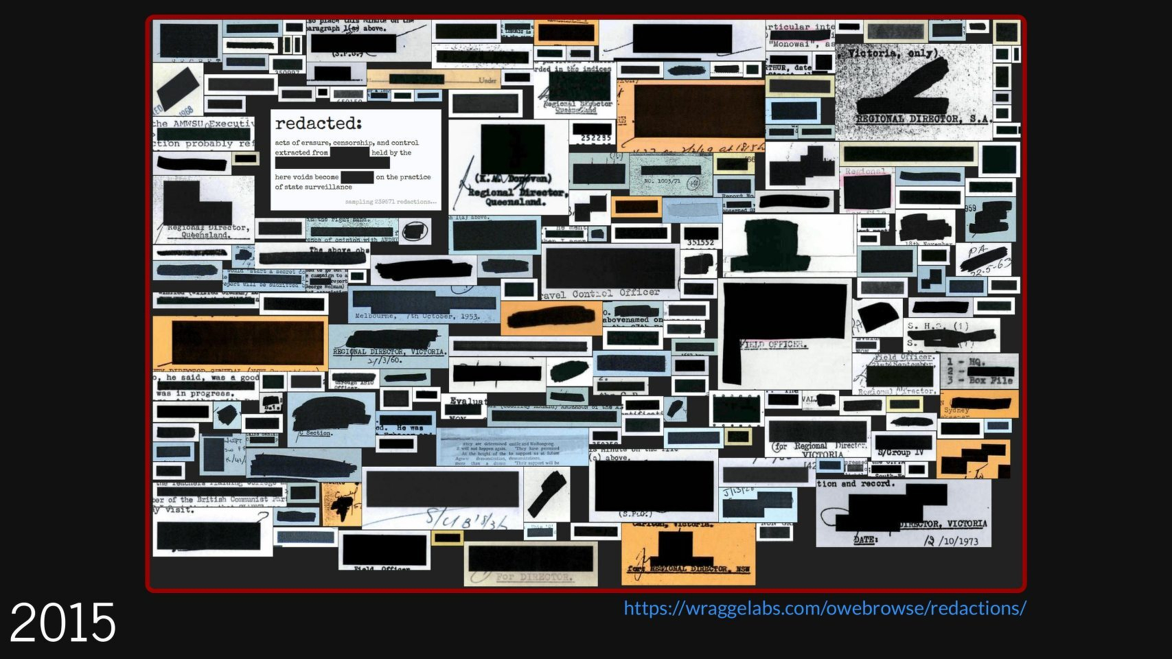 Slide showing a screenshot of a sample of the redactions extracted from ASIO files