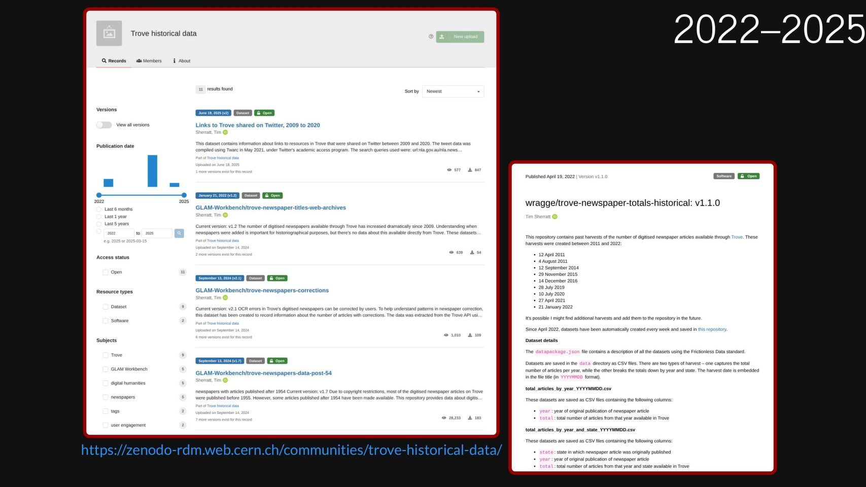 Slide showing screenshots of the datasets available in the Trove historical data community on Zenodo
