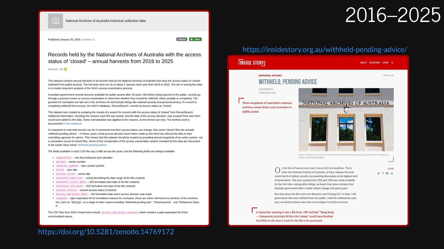 Slide showing screenshots  ofdataset of closed files in Zenodo and article titled 'Withheld pending advice'