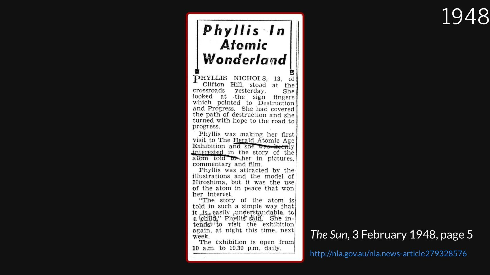 Slide showing newspaper article headed 'Phyllis in Atomic wonderland'
