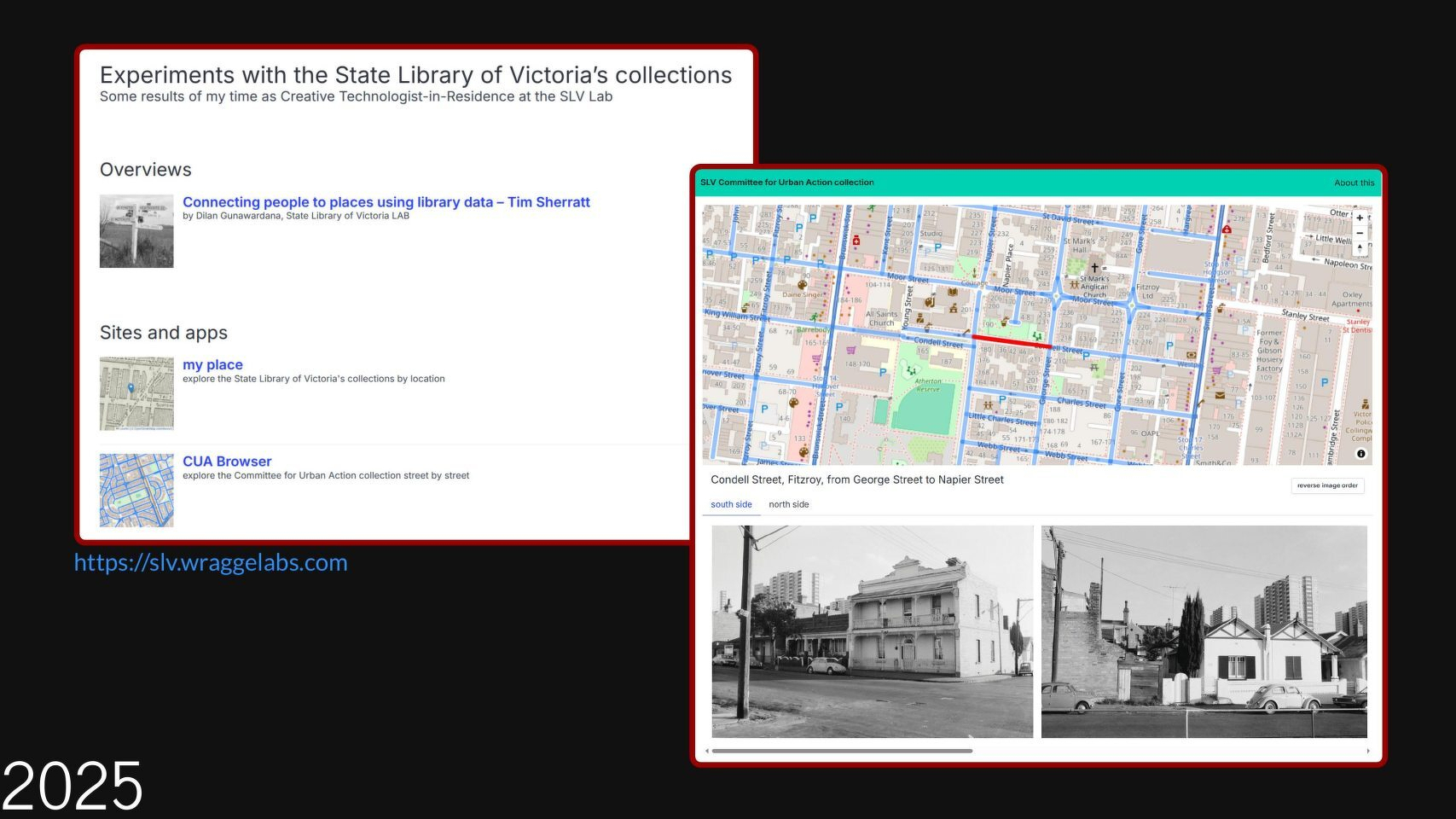 Slide with screenshots showing the page that collects all the outputs from my SLV residency and an example of viewing photos by street in the CUA browser