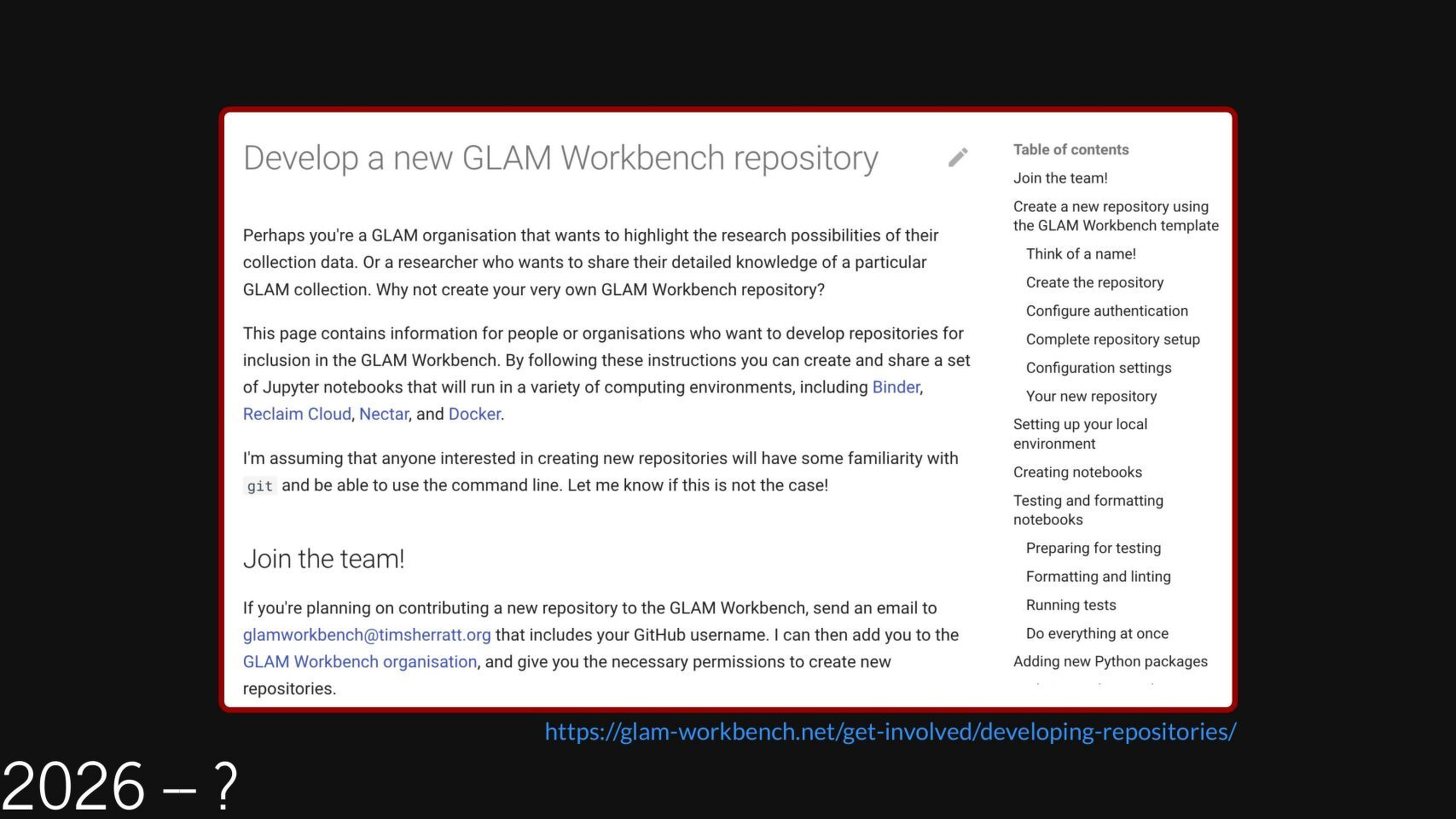 Slide with screenshot from the GLAM Workbench describing how organisations can create their own sections/repositories