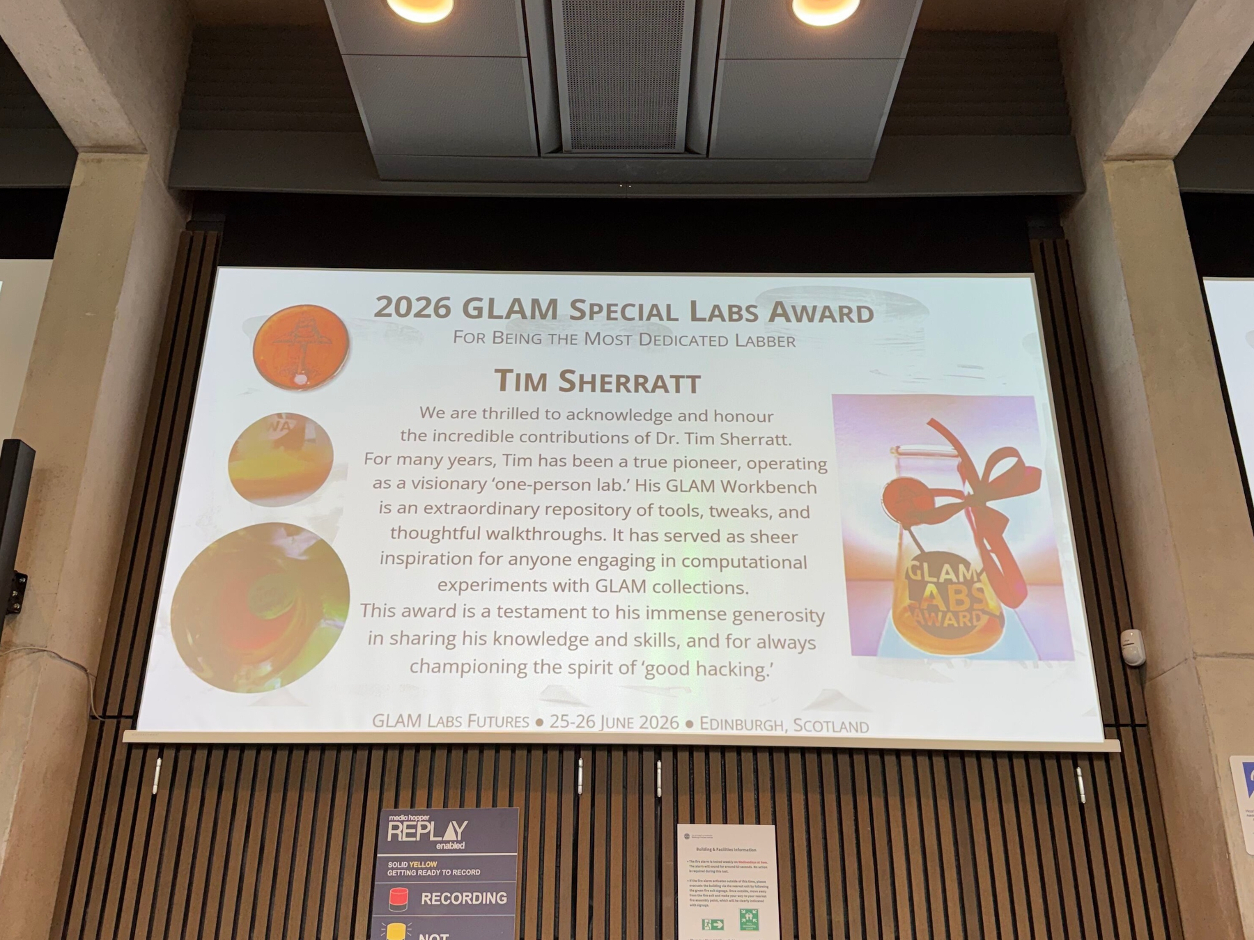 Photograph of a screen displaying the details of the award