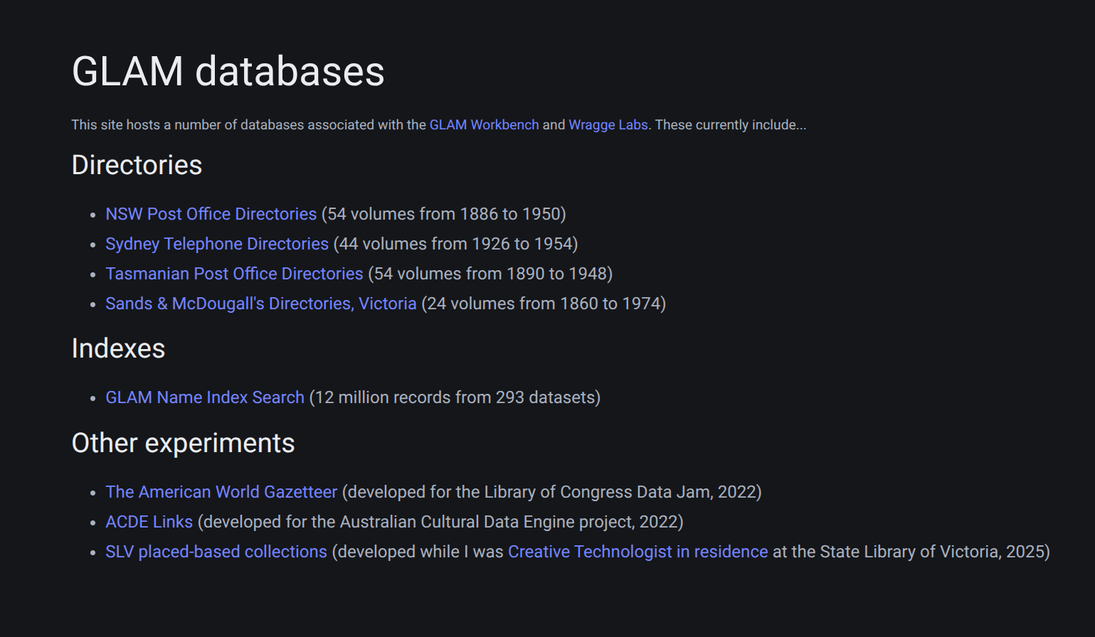 Screenshot of the glam-databases.net homepage