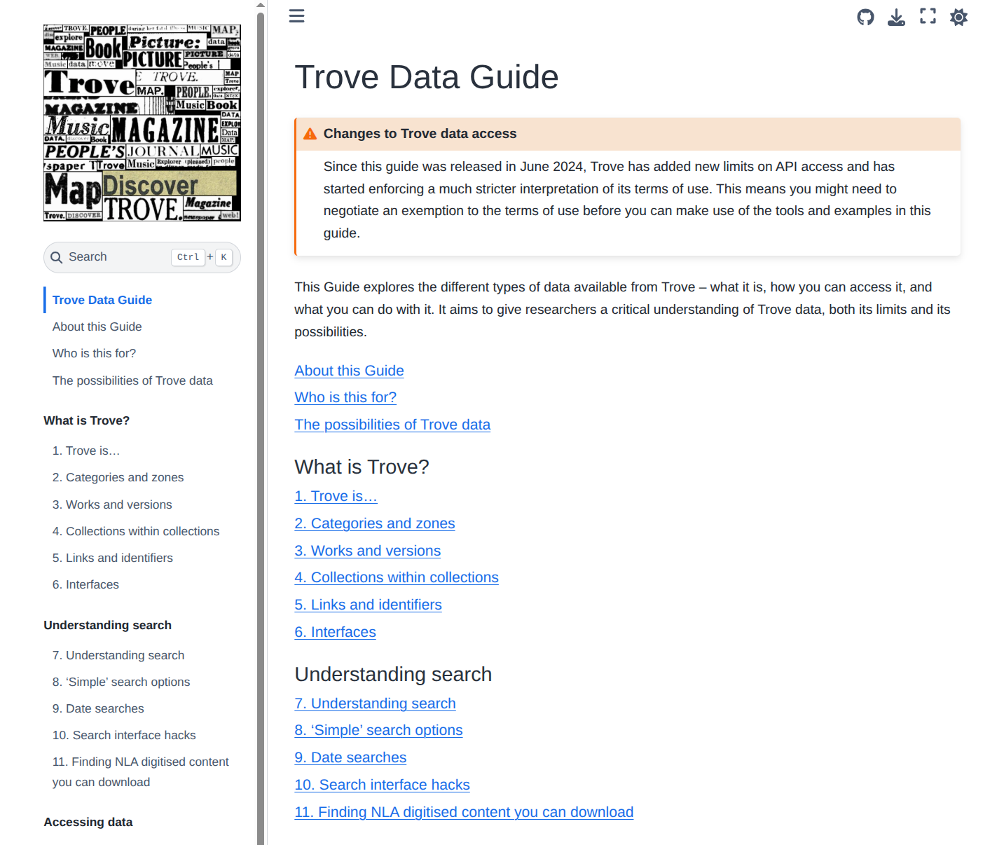 Screen capture of the home page of the Trove Data Guide showing the wraning and part of the table of contents