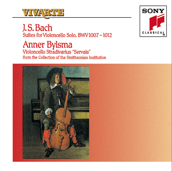Cover image for Bach's Cello Suites by Dutch cellist Anner Bylsma, performed in the Stradivarius violoncello 'Servais' from the Smithsonian collection; issued by the Vivarte (Sony Classical) label; the cover shows a painting of a Rennaissance-era player tuning a cello