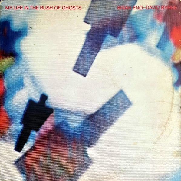 Cover image for My Life in a Bush of Ghosts, the 1981 album by Brian Eno and David Byrne, showing stylized humanoid figures scattered over a light backgound; the title and artists' names appear in all-caps along the top of the cover in red letters