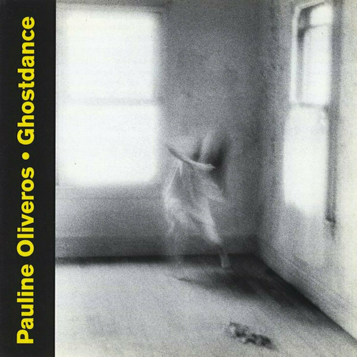 cover image for the Pauline Oliveros album, Ghostdance, showing a black and white photo of a bare room with a person moving near the far wall; the photo was taken with a long shutter time, so the room is saturated with light from the two windows, and the figure is blurred and indistinct, ghostly in her movements