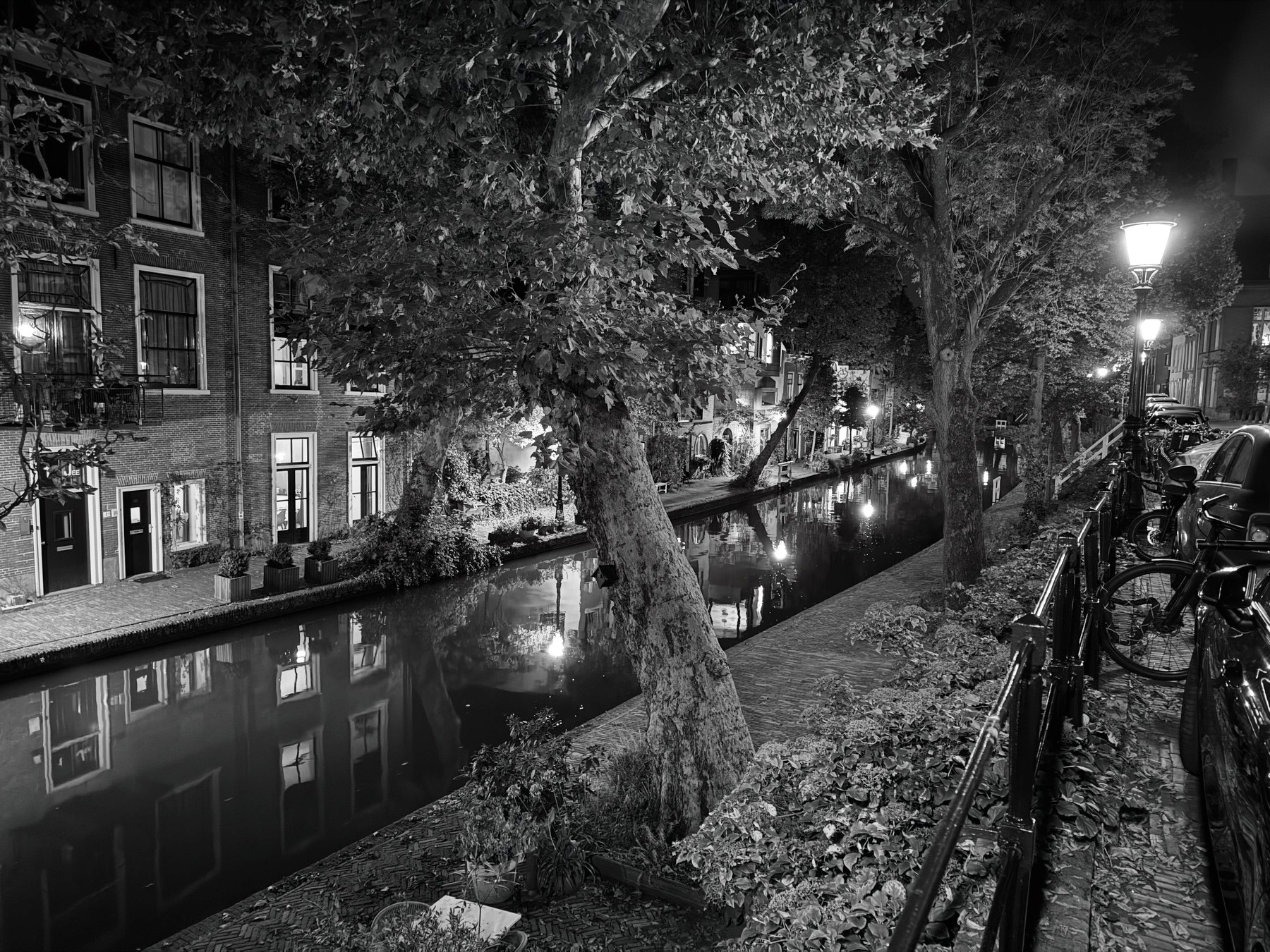 Night sceen of a canal in monochrome